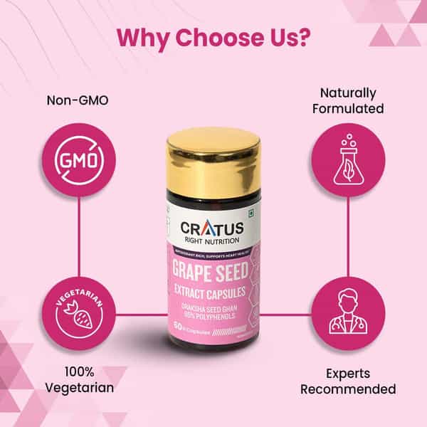 Cratus Grapeseed Extract: Supports Heart Health Enhances Skin Fortified With Vitamin E 60 Capsules