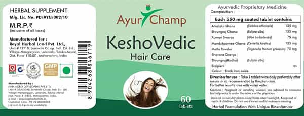 Ayur Champ Kesho Vedic | Hair Care | Herbal Supplement | 550 Mg 60 Tablets