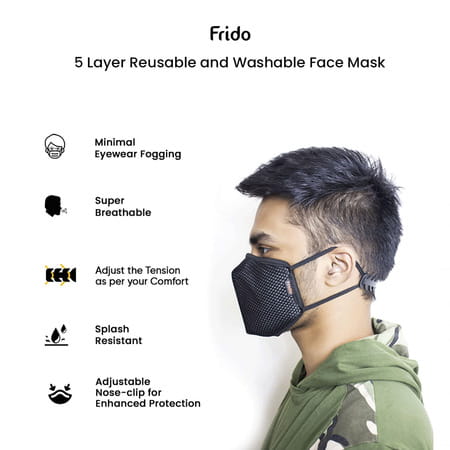 Frido Cotton Washable 5 Layer Unisex Mask With Adjustable Strap Nose Pin & Pouch (Black Pack Of 10)