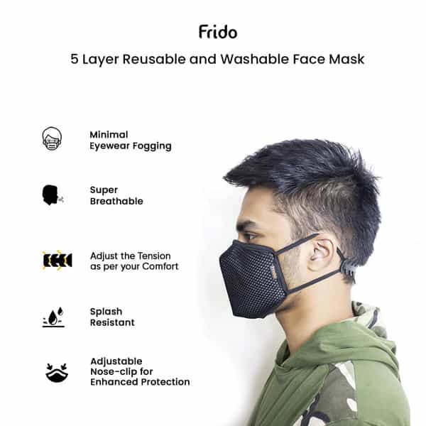 Frido Cotton Washable 5 Layer Unisex Mask With Adjustable Strap Nose Pin & Pouch (Black Pack Of 10)