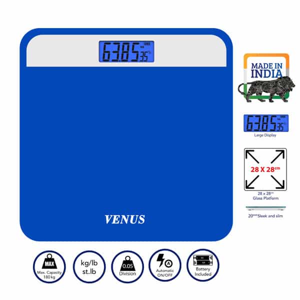 Venus (India) Electronic Digital Personal Bathroom Weight Machine | Upto 180Kg | Eps-2799 Blue
