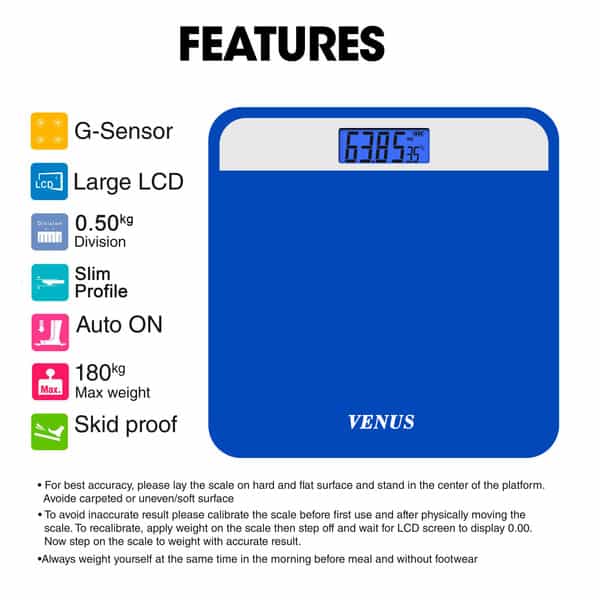 Venus (India) Electronic Digital Personal Bathroom Weight Machine | Upto 180Kg | Eps-2799 Blue