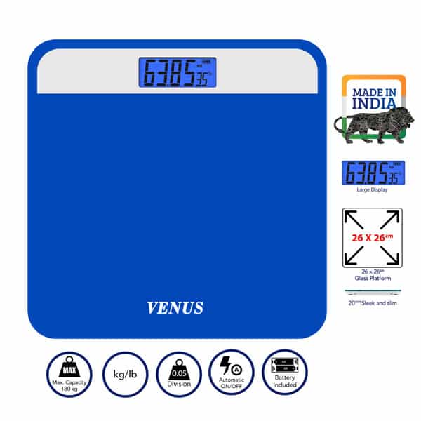 Venus (India) Electronic Digital Personal Bathroom Weight Machine | Upto 180Kg | Eps-2799 Blue