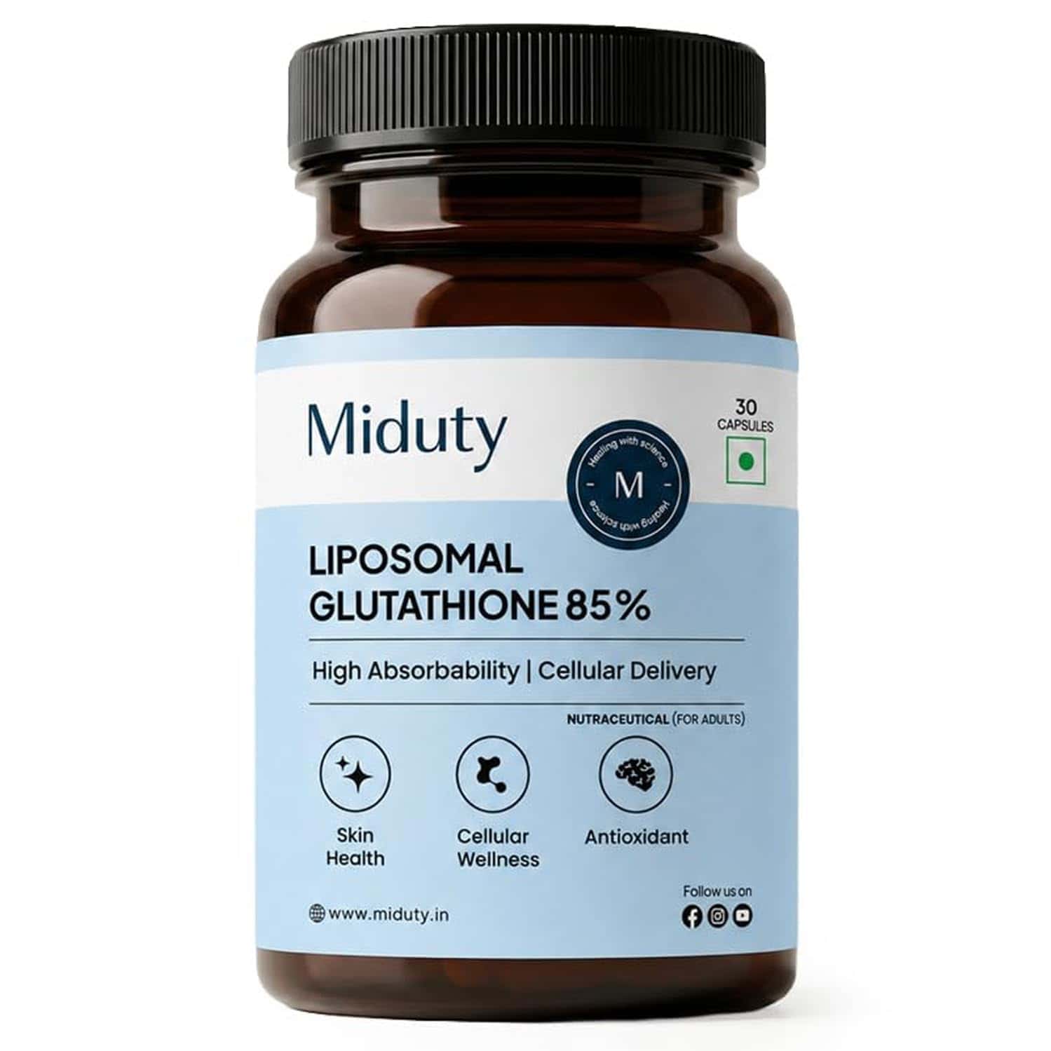 Miduty Liposomal Glutathione 85% 600mg | Lipoglo | 8x Absorption | 30 Veg Capsules