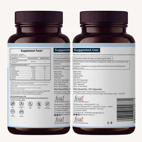 Miduty Liposomal Glutathione 85% 600Mg | Lipoglo | 8X Absorption | 30 Veg Capsules