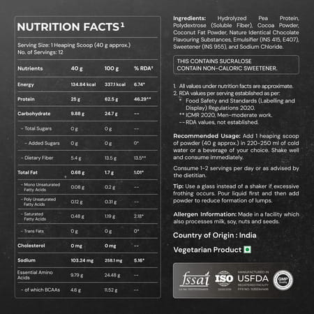 Nutrabay Gold Pea Protein Powder | 25g Protein | 4.6g Bcaa | 5g Fiber | Rich Chocolate Cerme - 500gm