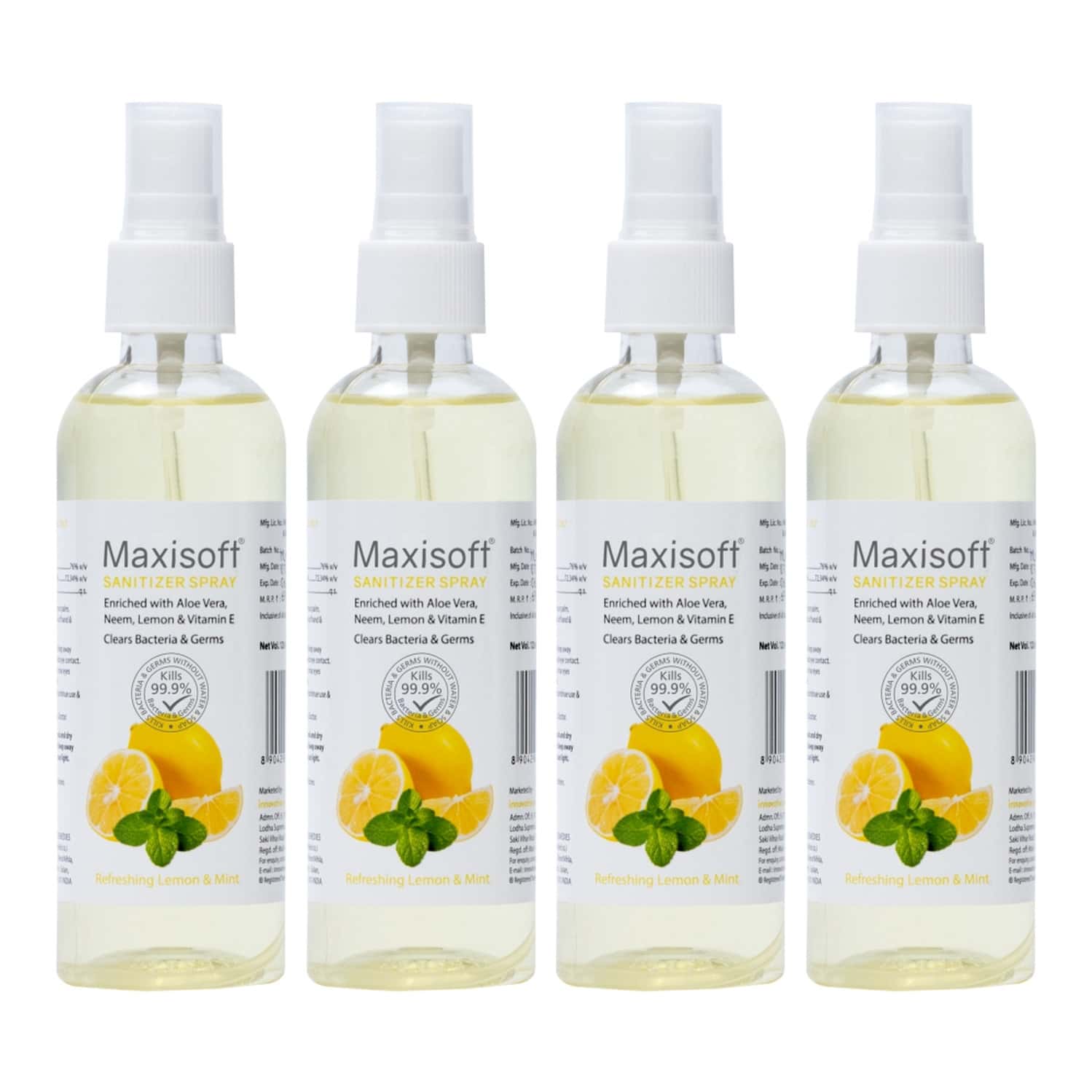 Maxisoft Refreshing Lemon & Mint Sanitizer Spray | Aloe Vera Neem & Vitamin E (120 Ml Pack Of 4)