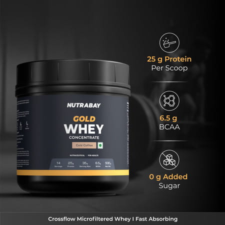 Nutrabay Gold 100% Whey Protein Concentrate|25g Protein|Muscle Support & Recovery|Cold Coffee | 500g
