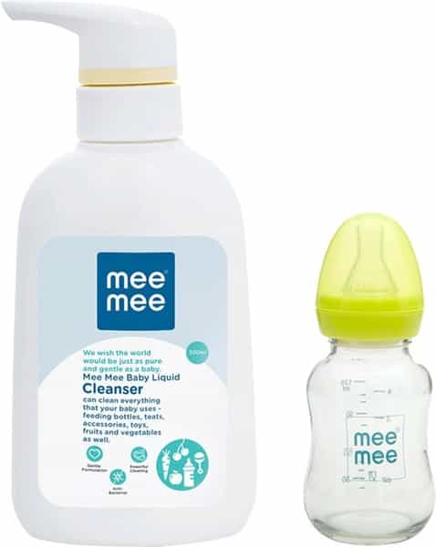 Mee Mee Anti Bacterial Baby Liquid Cleanser 300Ml& Mee Mee Premium Glass Feeding Bottle-Blue(125 Ml)