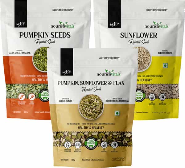 Nourishvitals Healthy Munching Pumpkin Seeds +Pumpkin Sunflower And Flax Roasted Seeds (200Gm Each)