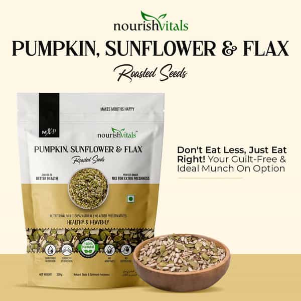 Nourishvitals Healthy Munching Pumpkin Seeds +Pumpkin Sunflower And Flax Roasted Seeds (200Gm Each)