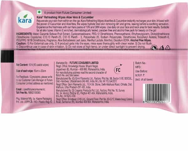 Kara Cleansing And Refreshing Face Wipes With Cucumber And Aloe Vera - (10 Wipes)
