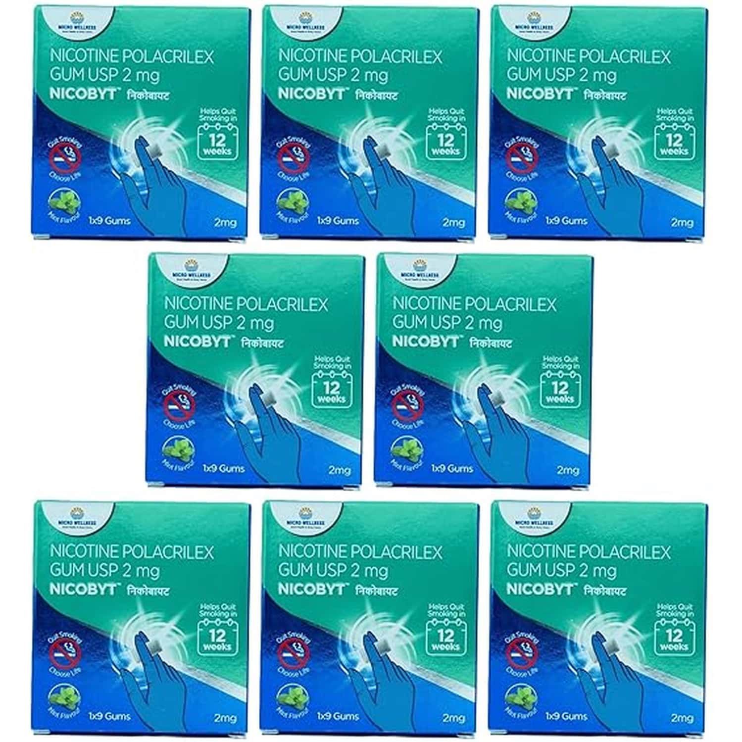 Nicobyt Nicotine Polacrilex Gum U.s.p 2mg - |mint Flavoured| 9 Chewing Gums X Pack Of 8