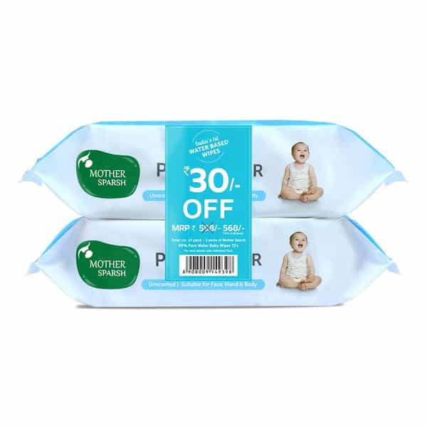 Mother Sparsh 99% Pure Water (Unscented) Baby Wipes 72 Pcs/Pack - Pack Of 2 (Super Saver Pack)