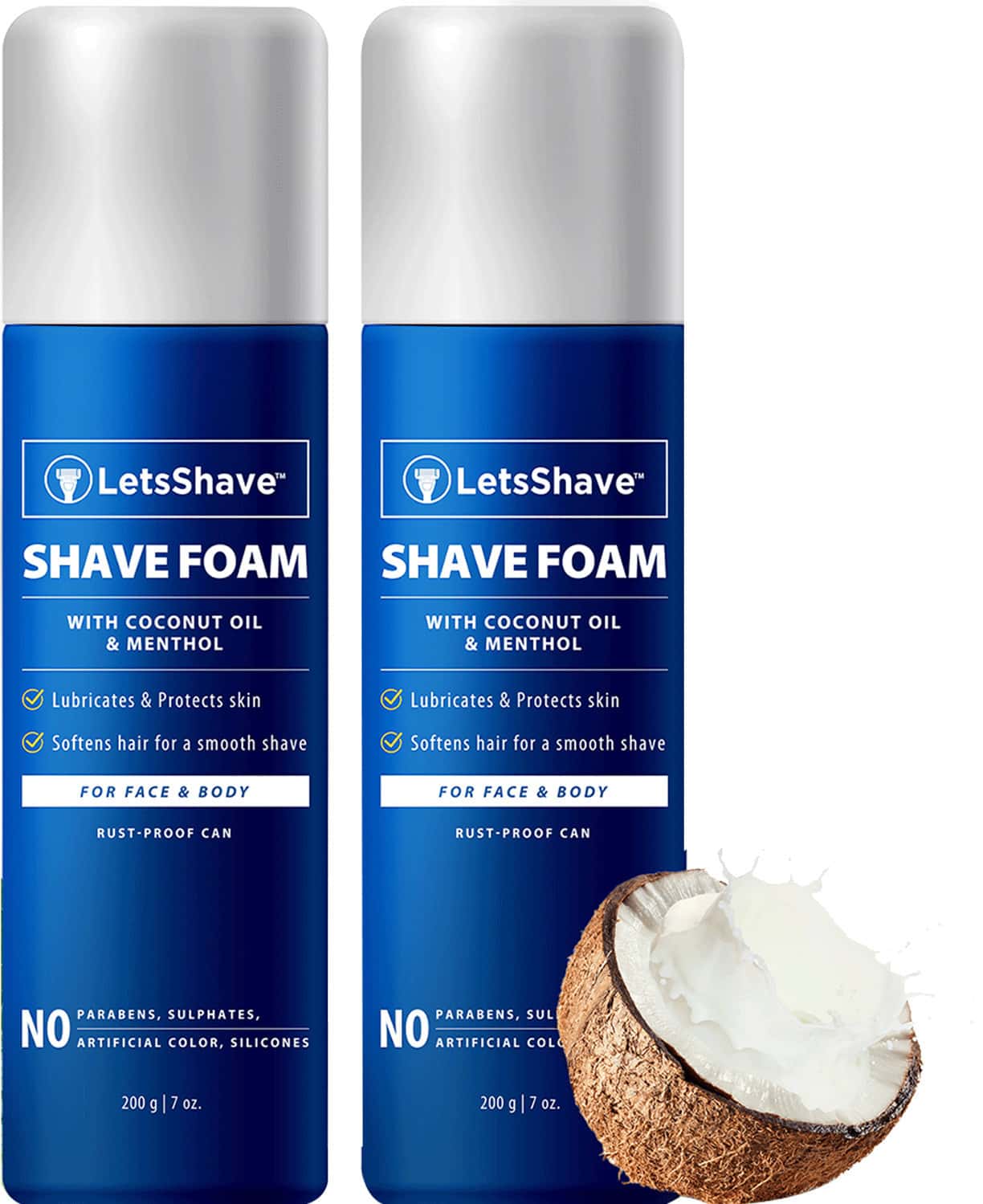 Letsshave Shave Foam - Coconut Oil Enriched - Rust Proof Aluminium Bottle-200 G (1+1)