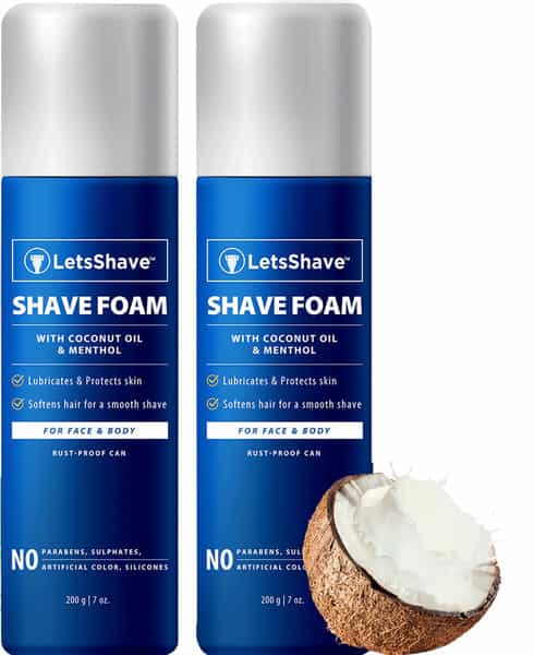 Letsshave Shave Foam - Coconut Oil Enriched - Rust Proof Aluminium Bottle-200 G (1+1)
