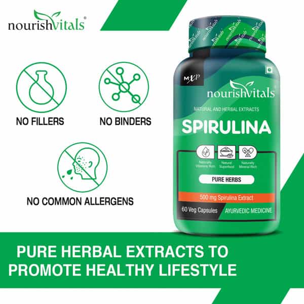 Nourishvitals Spirulina Pure Herbs 500 Mg Spirulina Naturally Vitamins Rich 60*2 Veg Capsules