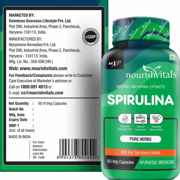Nourishvitals Spirulina Pure Herbs 500 Mg Spirulina Naturally Vitamins Rich 60*2 Veg Capsules