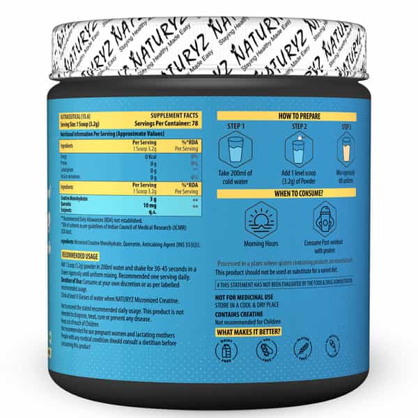 Naturyz Micronized Creatine Monohydrate | 3G Creatine | 10 Mg Quercetin For Strength | Power - 250G