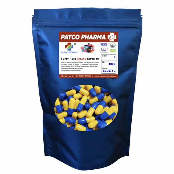 Patco Pharma- Size 0 Blue-Yellow Empty Gelatin Pill Capsule|Diy Powder Filling (Pack Of 5000 Pcs)