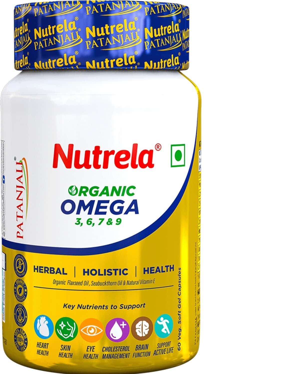 Patanjali Nutrela Omega 3 6 7 9 -For Heart Skin Eye & Brain- Organic Capsules 60g-1 Bottle (60 Cap)