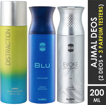 Ajmal 1 Distraction 1 Blu Homme & 1 Evoke Silver Edition For Him Deo Each 200ml Pack Of 3
