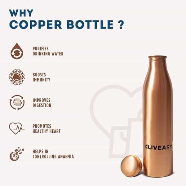 Liveasy Essentials Copper Bottle-Ayurvedic Health Benefits -Leak Proof Cap- 1000Ml