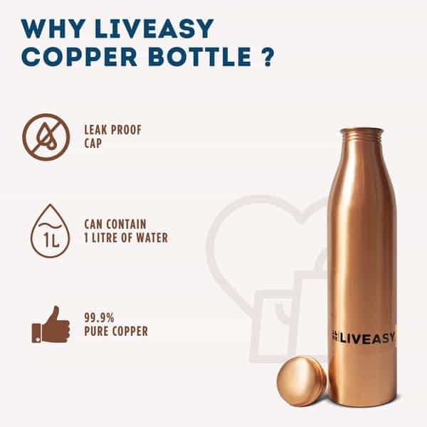Liveasy Essentials Copper Bottle-Ayurvedic Health Benefits -Leak Proof Cap- 1000Ml