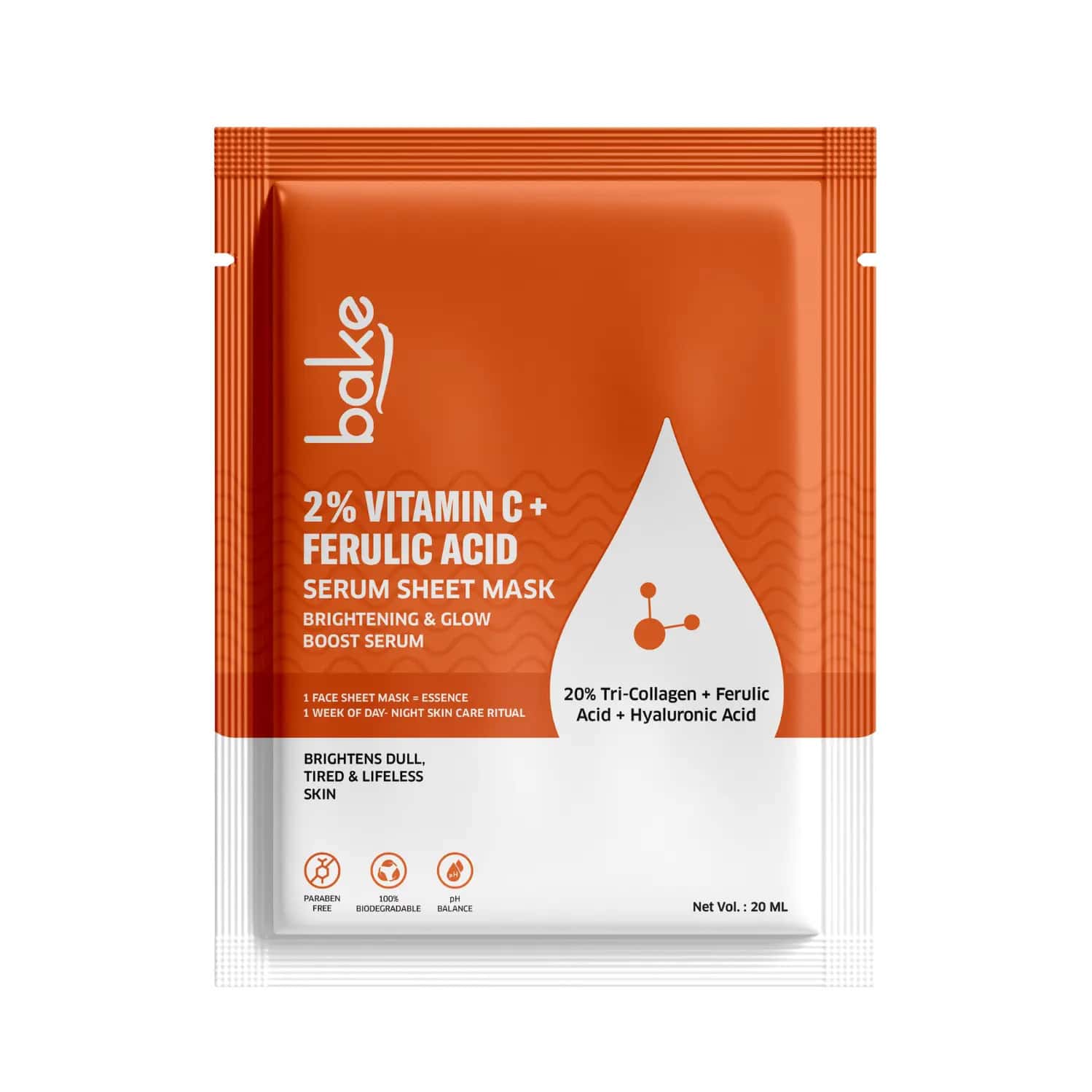 Bake 2% Vitamin C + Ferulic Acid Sheet Mask For Brightening | Dark Spots & Glow Skin