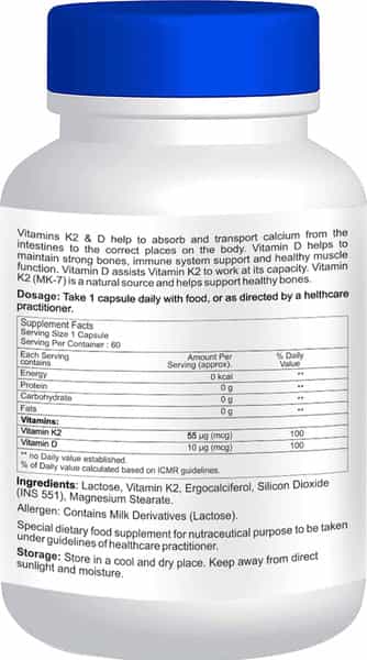 Healthvit Vitamin D-400 Iu With Vitamin K2-55Mcg For Bone Health Support- 60 Capsules