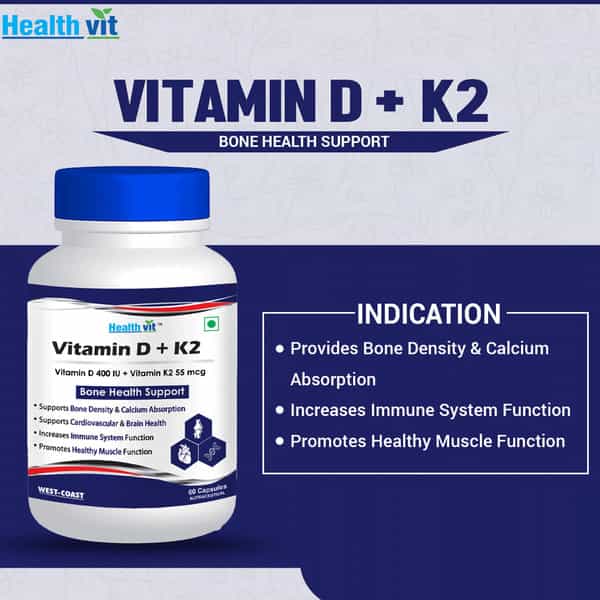 Healthvit Vitamin D-400 Iu With Vitamin K2-55Mcg For Bone Health Support- 60 Capsules