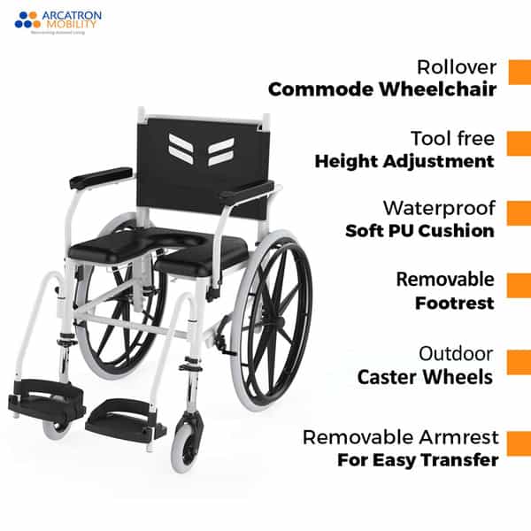 Arcatron Mobility Prime Self Propelled Shower Commode Wheelchair, Height Adjustable & Swivel Armrest