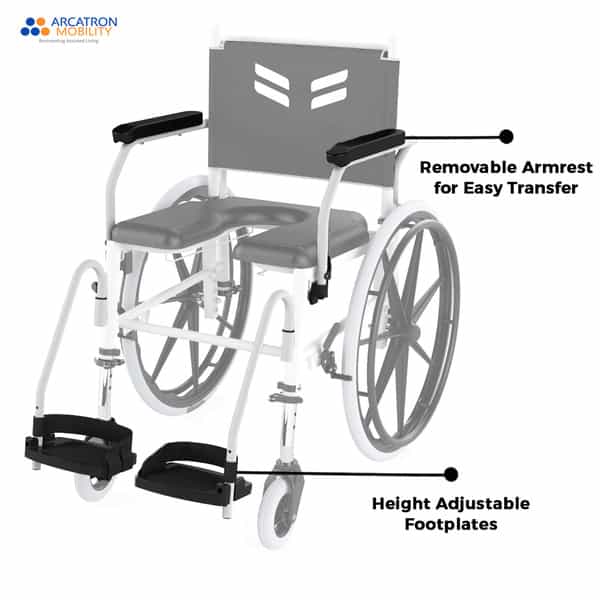 Arcatron Mobility Prime Self Propelled Shower Commode Wheelchair, Height Adjustable & Swivel Armrest