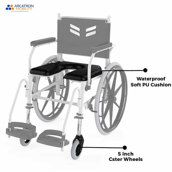 Arcatron Mobility Prime Self Propelled Shower Commode Wheelchair, Height Adjustable & Swivel Armrest