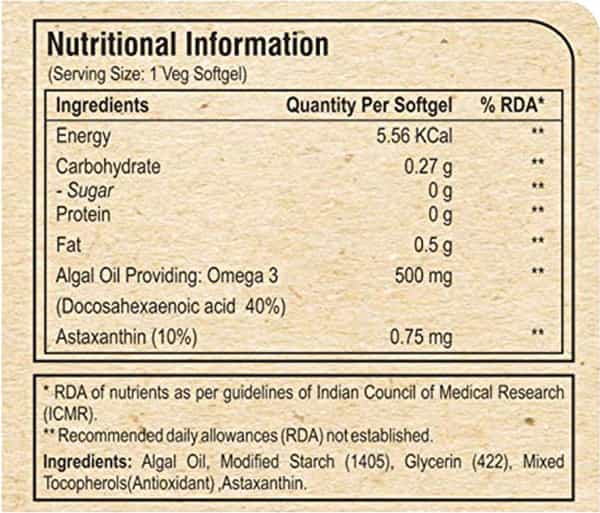 Pure Nutrition Veg Omega+Astaxanthin For Brain & Eye Health-Algal Oil Rich In Vegan Dha-30 Softgels