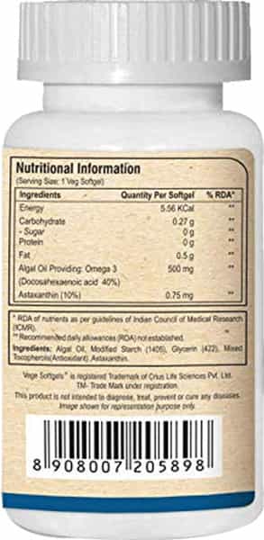 Pure Nutrition Veg Omega+Astaxanthin For Brain & Eye Health-Algal Oil Rich In Vegan Dha-30 Softgels