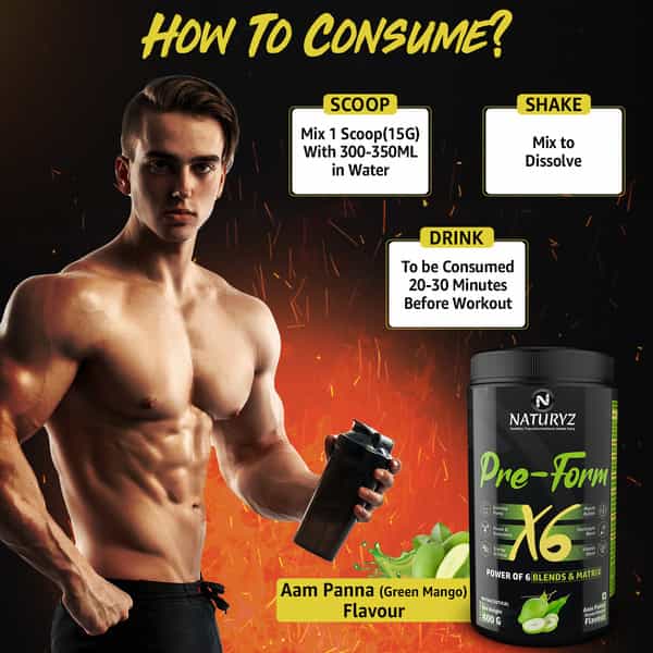 Naturyz Pre-Form X6 Pre Workout Supplement With 19 Nutrients For Pump | Power & Energy (400 Grams)