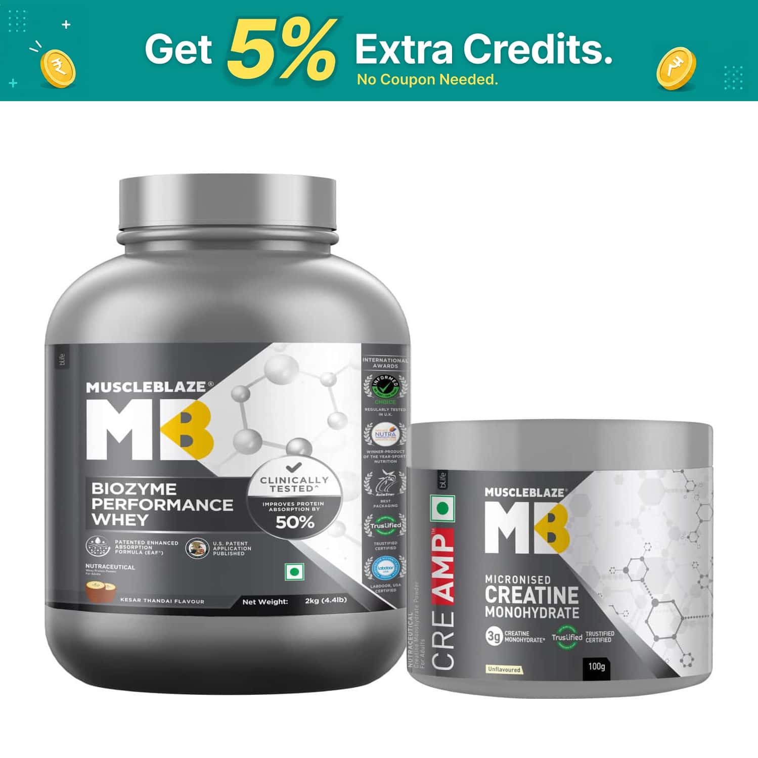 Muscleblaze Biozyme Performance Whey Protein (kesar Thandai | 2kg & Creatine Monohydrate (100g)