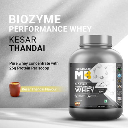 Muscleblaze Biozyme Performance Whey Protein | Kesar Thandai | 2Kg & Creatine Monohydrate | Combo