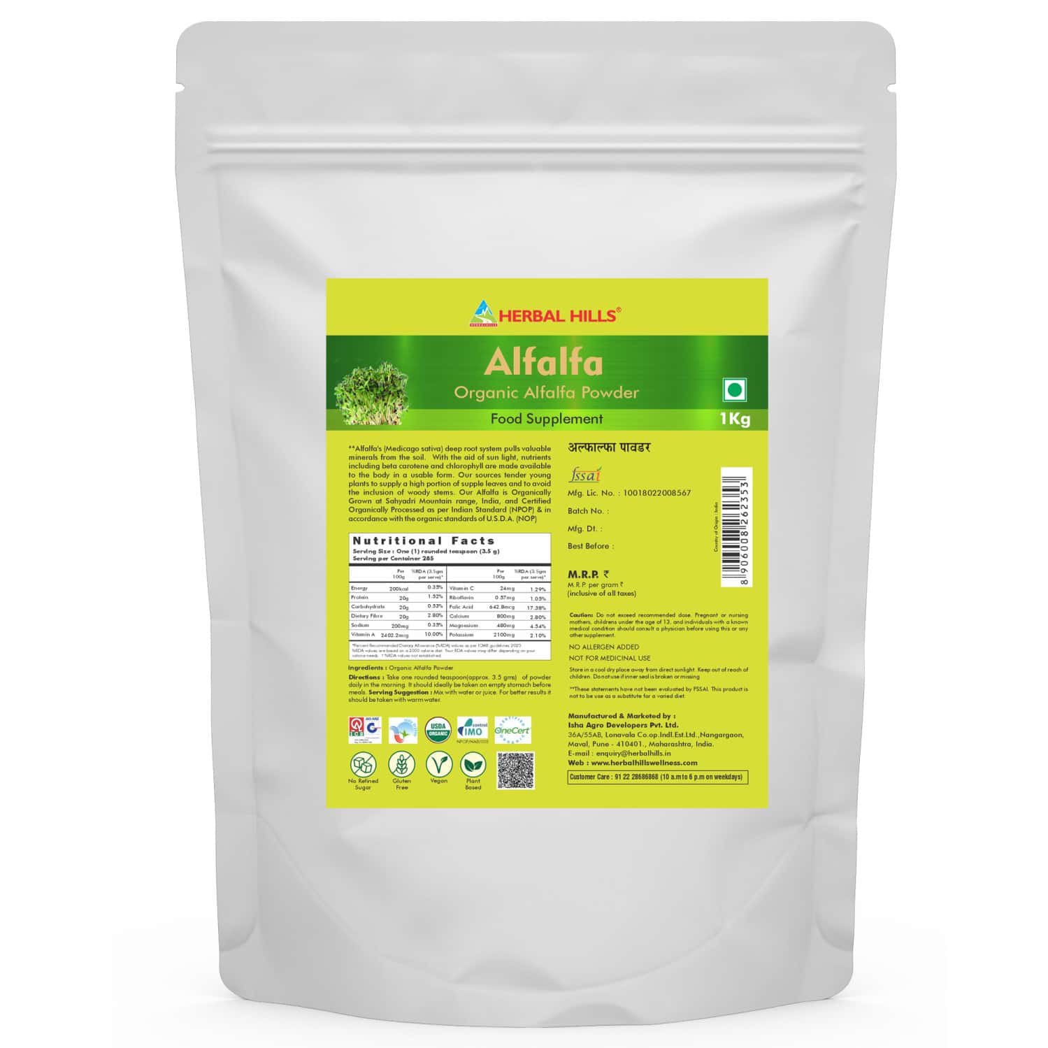 Herbal Hills Alfalfa Powder Pure & Natural Supports Nutrition 1kg Powder