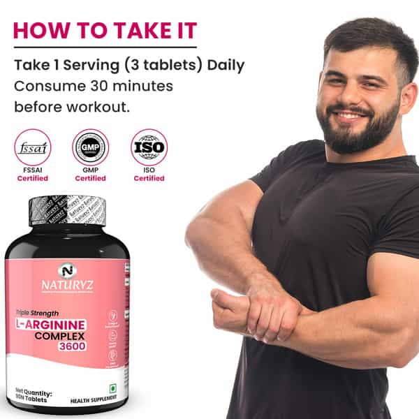 Naturyz Triple Strength L-Arginine 3600Mg Pre Workout Supplement For Pump & Performance - 90 Tablets