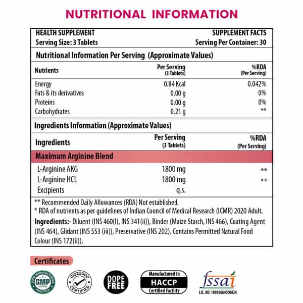 Naturyz Triple Strength L-Arginine 3600Mg Pre Workout Supplement For Pump & Performance - 90 Tablets