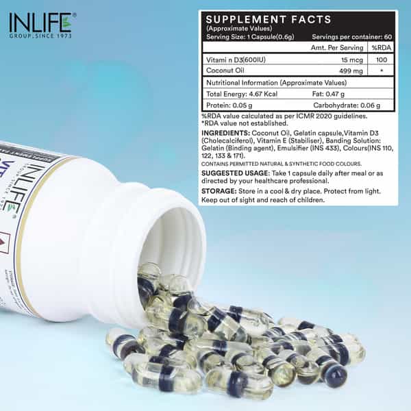 Inlife Vitamin D3 600 Iu Cholecalciferol Supplement With Coconut Oil For Men & Women - 60 Capsules