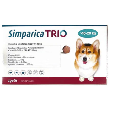 Zoetis Simparica Trio (Sarolaner) Tick And Flea Control Tablet For Dogs | 10-20kg | 1 Tablet