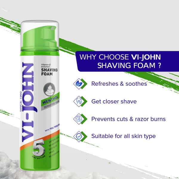 Vi-John Sensitive Skin 5 Way Action Vitamin E Enriched Menthol Shaving Foam - Men (200Ml+33% Extra)