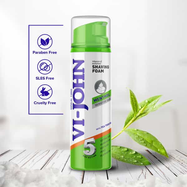 Vi-John Sensitive Skin 5 Way Action Vitamin E Enriched Menthol Shaving Foam - Men (200Ml+33% Extra)