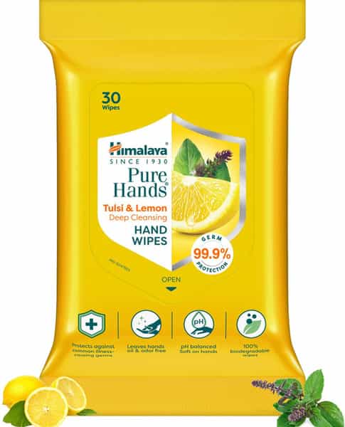 Himalaya Pure Hands-Hand Wipes - 30 Pulls-Lemon-Kills 99.9% Germs-Alcohol Based-Ph Balanced