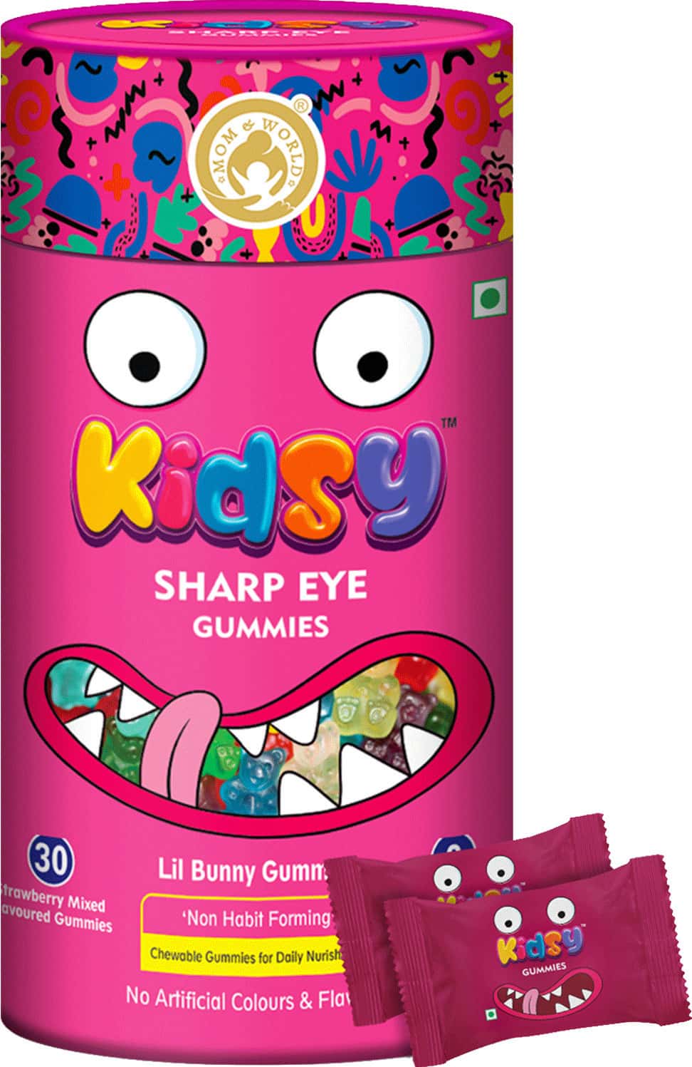 Mom & World Kidsy Sharp Eye Gummies For Kids Chewable Gummies-30 (Strawberry Mixed Flavoured)
