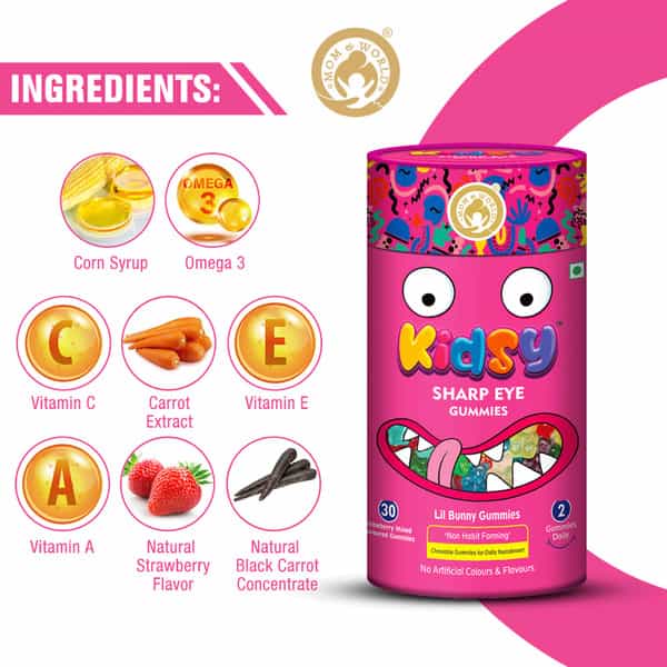 Mom & World Kidsy Sharp Eye Gummies For Kids Chewable Gummies-30 (Strawberry Mixed Flavoured)