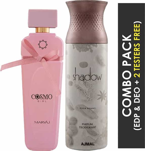 Maryaj Cosmo Girl De 100Ml For Women And Ajmal Shadow Homme Deodorant 200Ml For Men + 2 Parfum Free